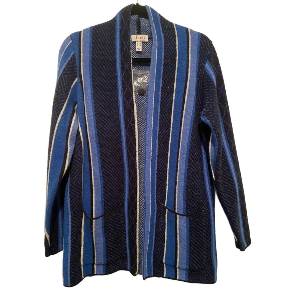 Denim & Co. Striped Cardigan Jacquard Open Front Navy Denim Blue Size S New Cozy